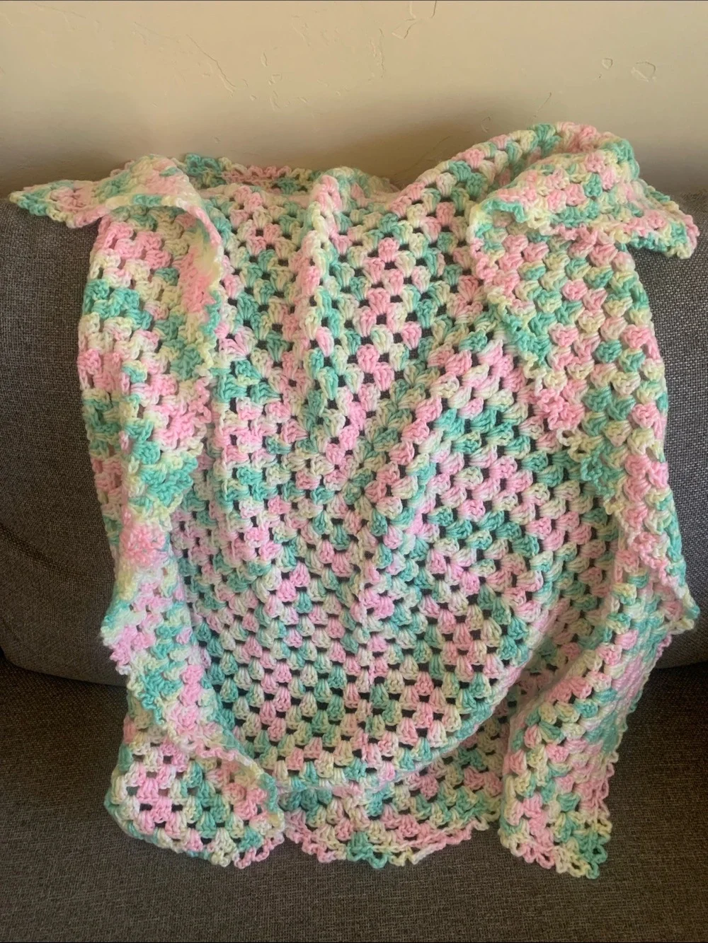 36” x 36” Handmade Crocheted Pastel Blanket Throw - Pink, Mint & Yellow